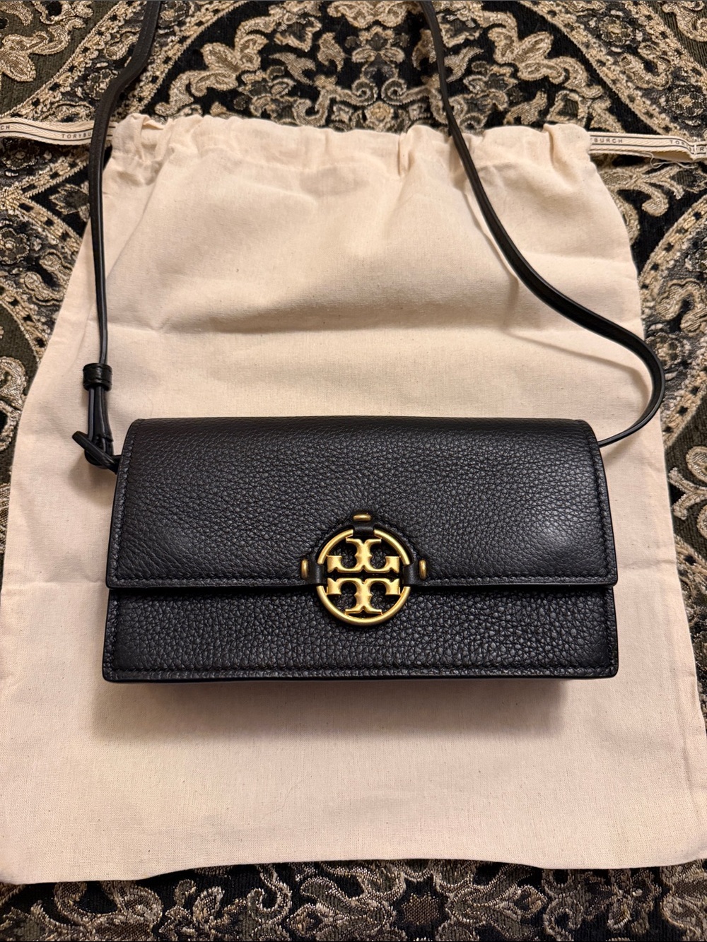 Tory Burch Miller Black Pebbled Leather Crossbody with Gold Logo